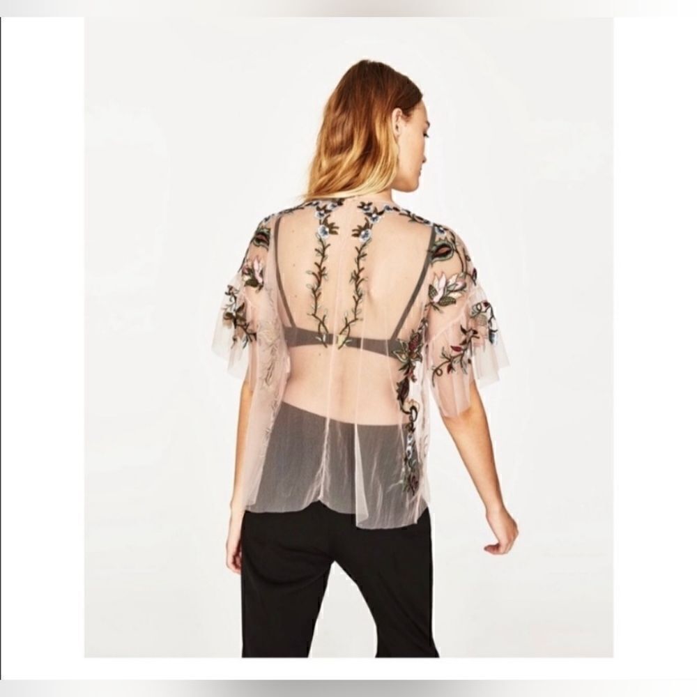 Zara Woman Black Floral Embroidered Tulle Blouse Womens Size Medium - Picture 2 of 12